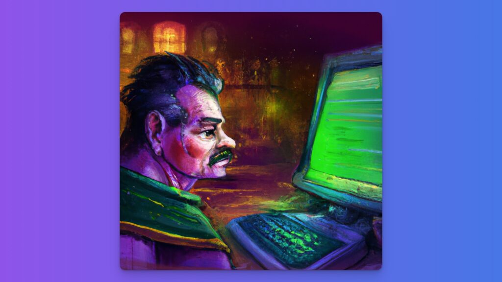 Ein mittelalterlicher Mann schaut auf einen Computer