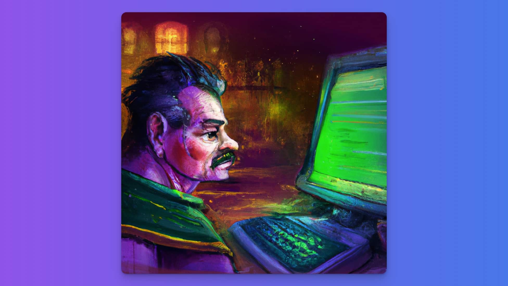 Ein mittelalterlicher Mann schaut auf einen Computer