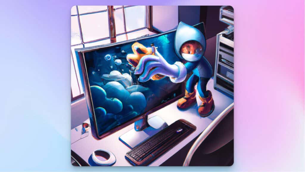 Ein digital gezeichnetes Bild auf dem eine kleine Figur den PC-Monitor putzt
